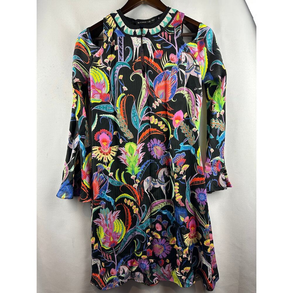 Women’s Etro Cold Shoulder Dress Black Floral and Animal Print Size L